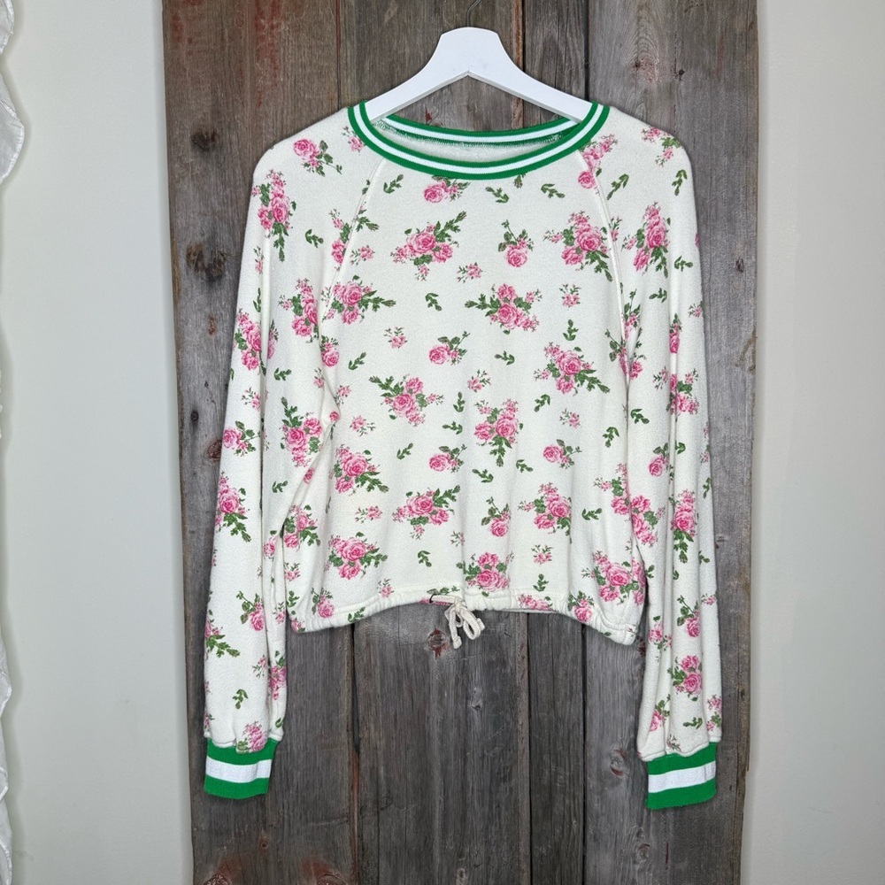 Pam & Gela Cropped Floral Print Sweatshirt with Green Ribbed Trim XS
